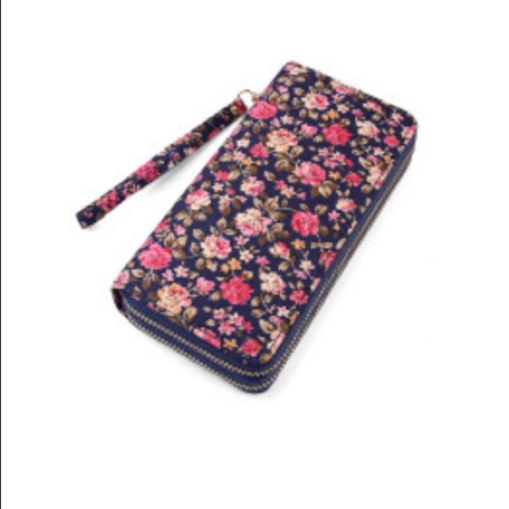 NAVY FLORAL DOUBLE ZIPPER WALLET